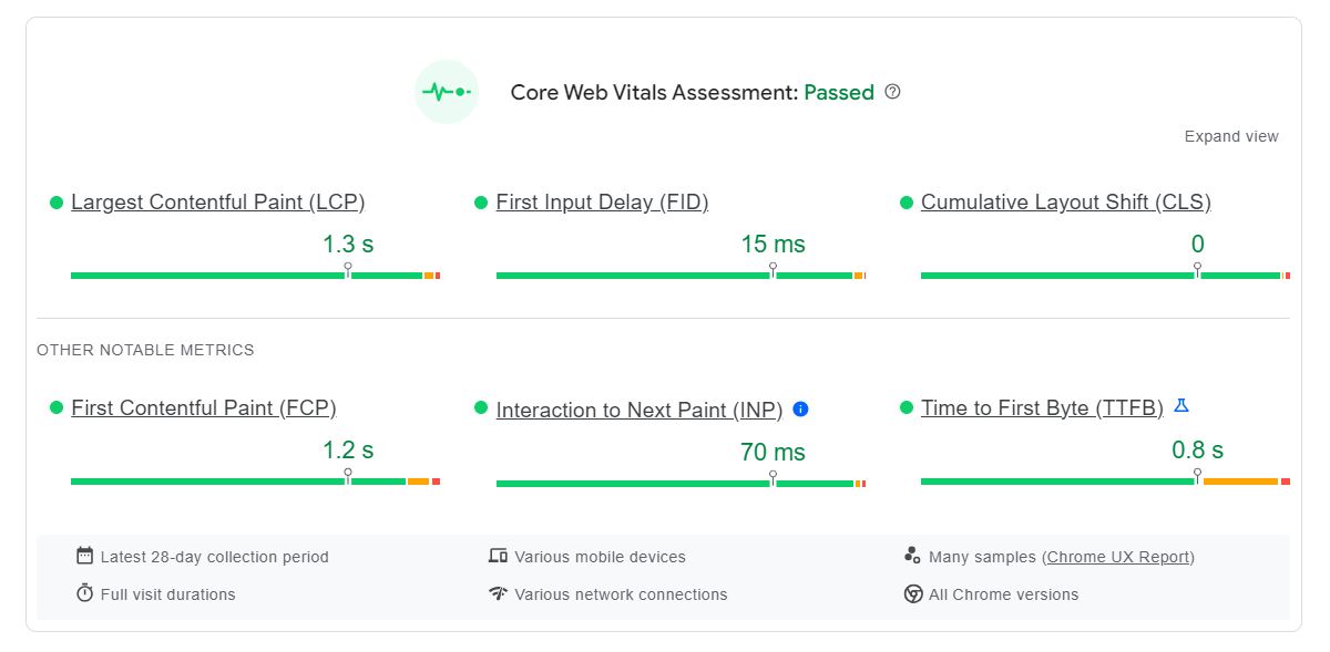 core web vitals screenshot