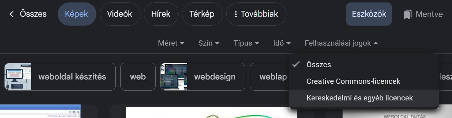 Screenshot a Google képkereső licenszéről